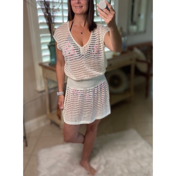 Crochet Mesh Mini Beach Swimsuit Lightweight Cover Up White 2222 - Picture 2 of 5